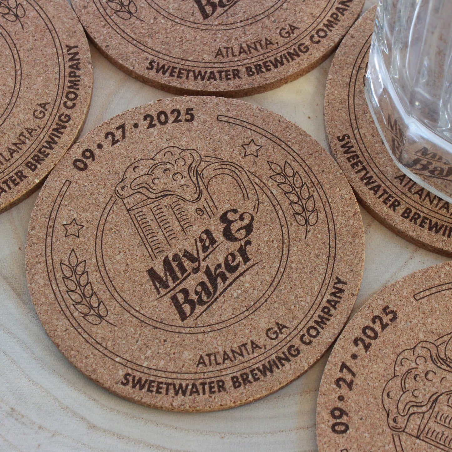 Brewery Wedding Coasters - "Love is Brewing" Custom Engraved Cork Guest Favors - Arbo Engravings
