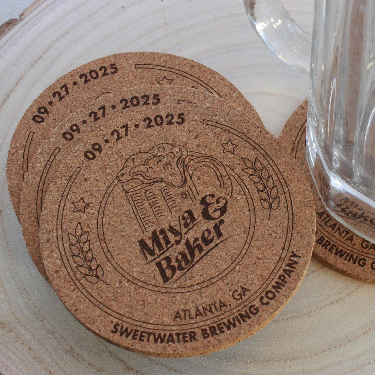 Brewery Wedding Coasters - "Love is Brewing" Custom Engraved Cork Guest Favors - Arbo Engravings