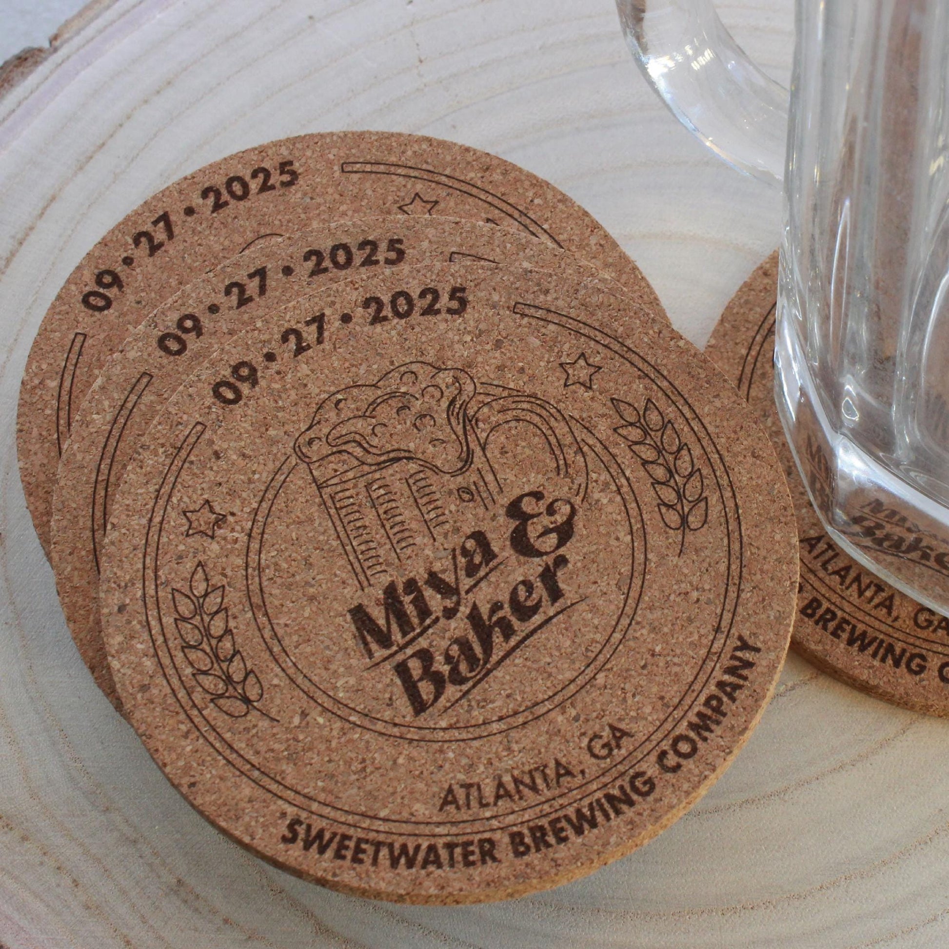 Brewery Wedding Coasters - "Love is Brewing" Custom Engraved Cork Guest Favors - Arbo Engravings