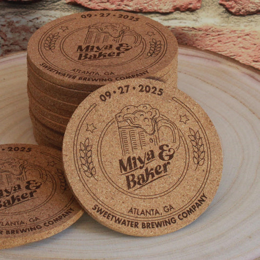Brewery Wedding Coasters - "Love is Brewing" Custom Engraved Cork Guest Favors - Arbo Engravings