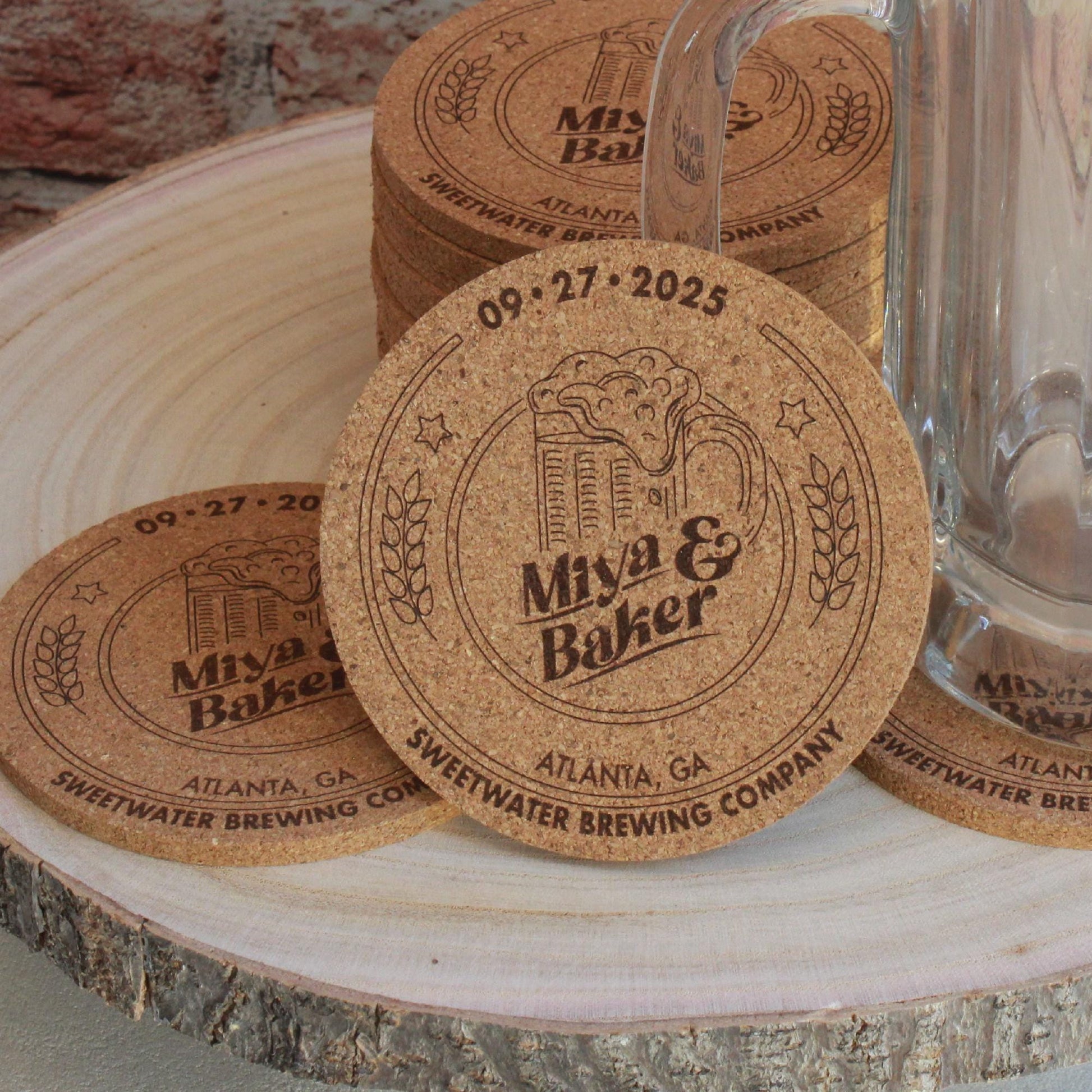 Brewery Wedding Coasters - "Love is Brewing" Custom Engraved Cork Guest Favors - Arbo Engravings