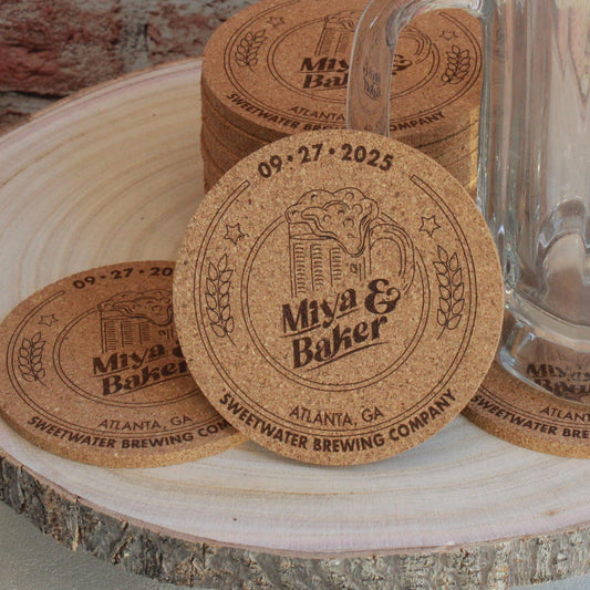 Brewery Wedding Coasters - "Love is Brewing" Custom Engraved Cork Guest Favors - Arbo Engravings