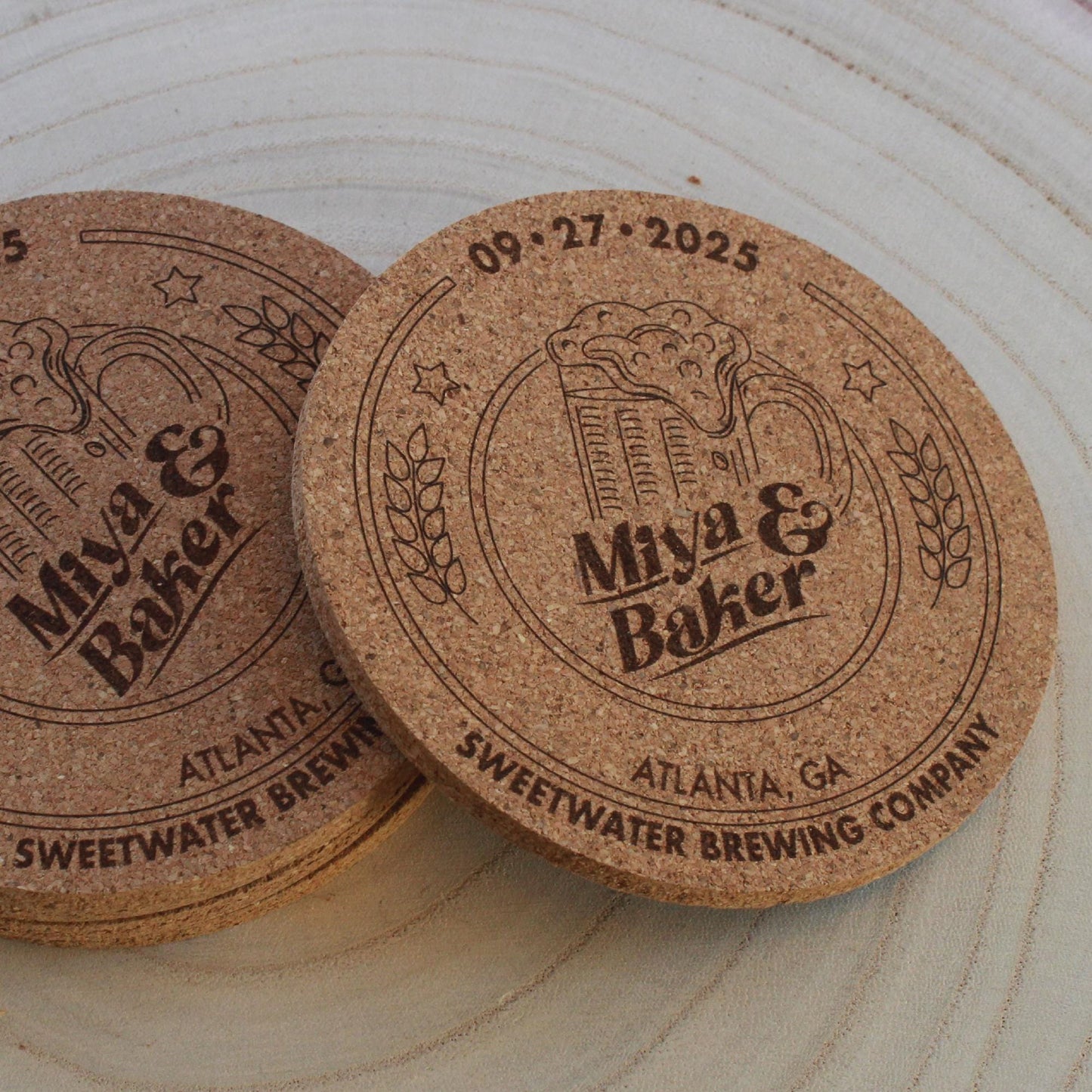 Brewery Wedding Coasters - "Love is Brewing" Custom Engraved Cork Guest Favors - Arbo Engravings