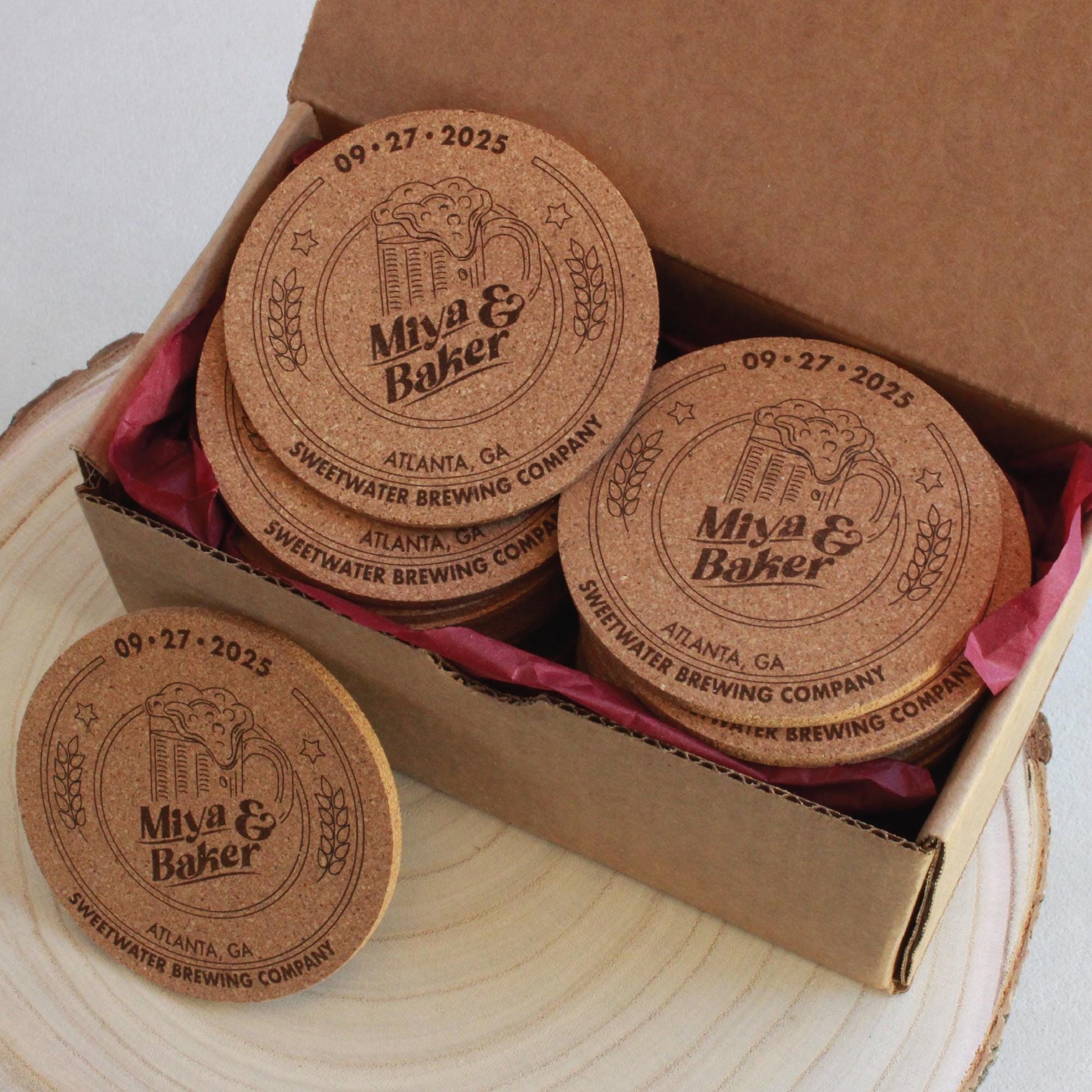 Brewery Wedding Coasters - "Love is Brewing" Custom Engraved Cork Guest Favors - Arbo Engravings