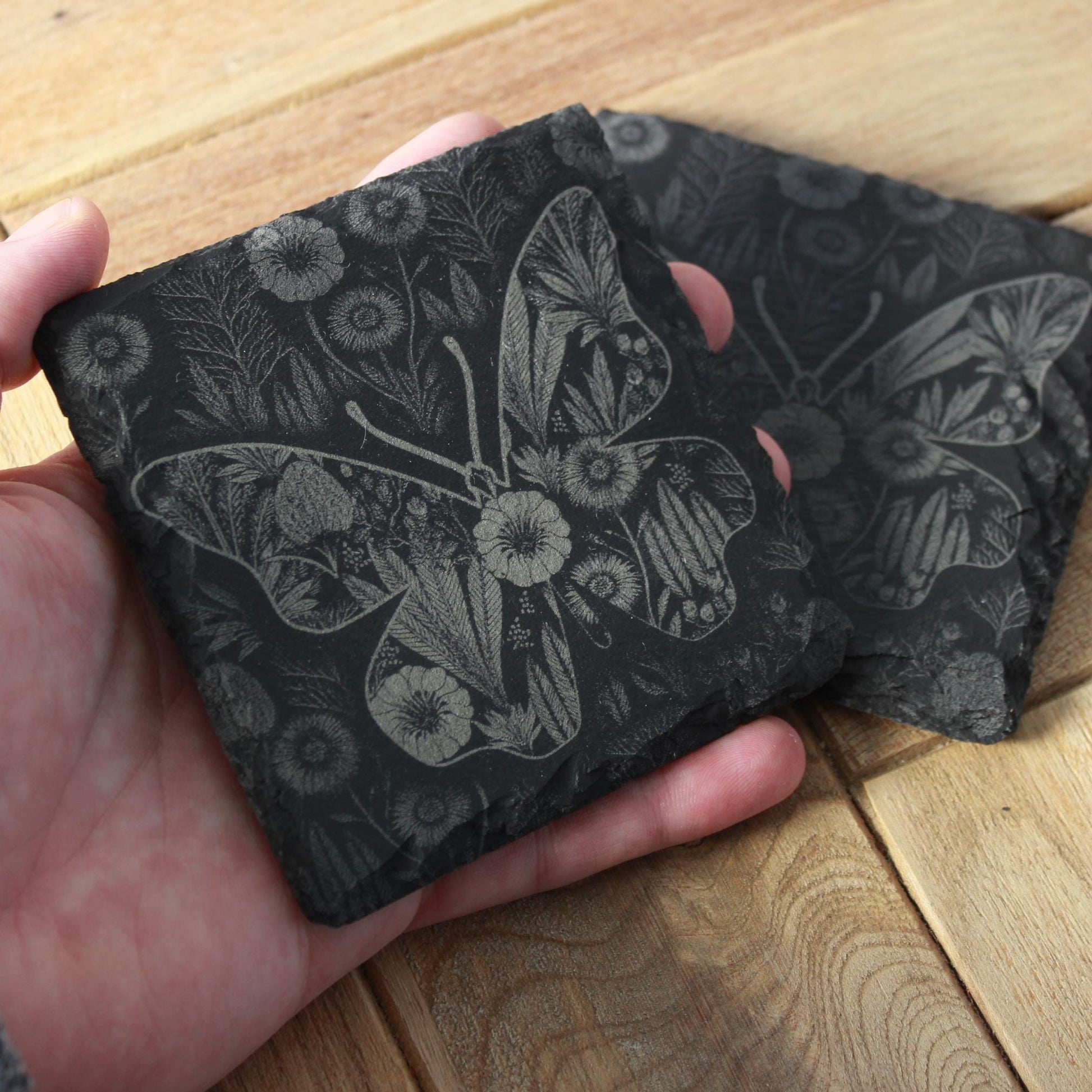 Butterfly Garden Art Coaster Set - Vintage - Inspired Floral Design - Retro Butterfly Drink Coasters - Arbo Engravings