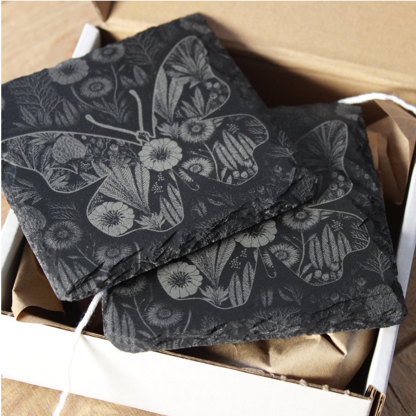 Butterfly Garden Art Coaster Set - Vintage - Inspired Floral Design - Retro Butterfly Drink Coasters - Arbo Engravings