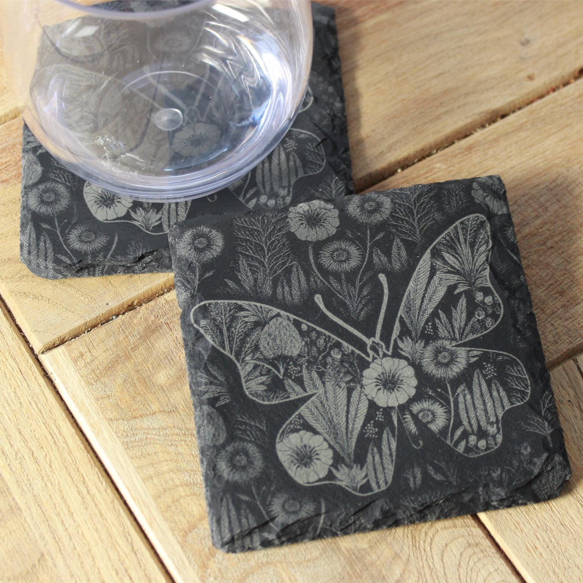 Butterfly Garden Art Coaster Set - Vintage - Inspired Floral Design - Retro Butterfly Drink Coasters - Arbo Engravings