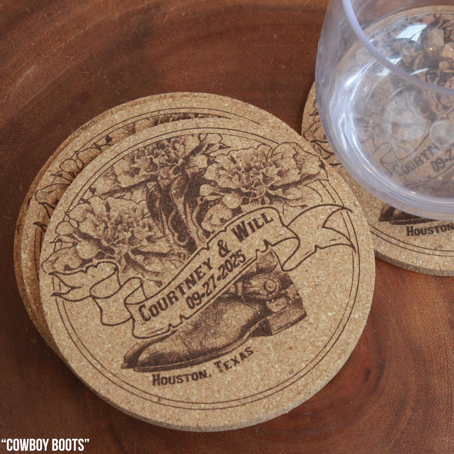 Country Western Wedding Coasters - Custom Cork Coasters with Cowboy Hat or Boots Design Rustic Barn Theme Gift - Arbo Engravings