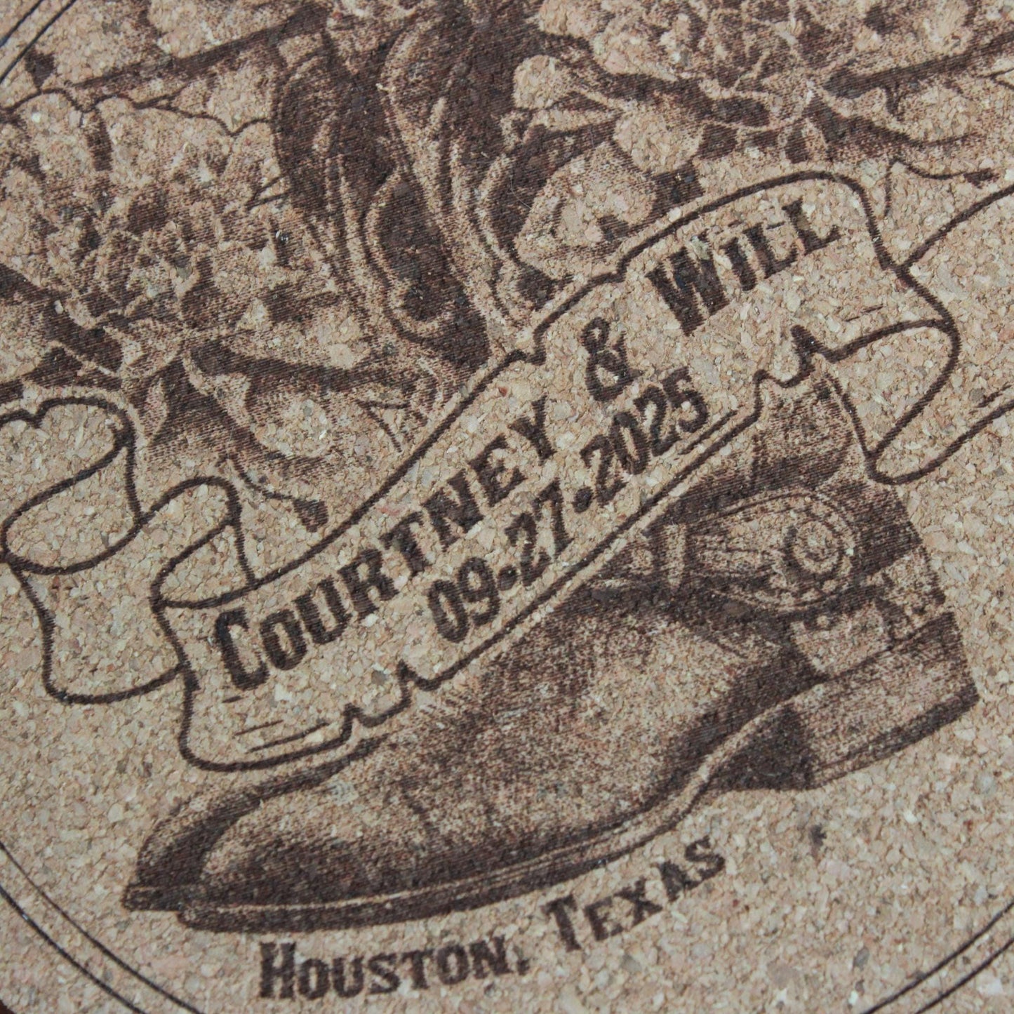 Country Western Wedding Coasters - Custom Cork Coasters with Cowboy Hat or Boots Design Rustic Barn Theme Gift - Arbo Engravings