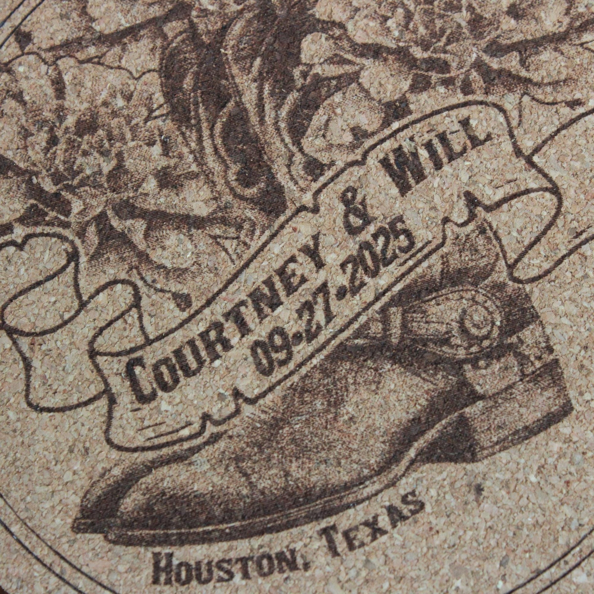 Country Western Wedding Coasters - Custom Cork Coasters with Cowboy Boots Design Rustic Barn Theme Gift - Arbo Engravings