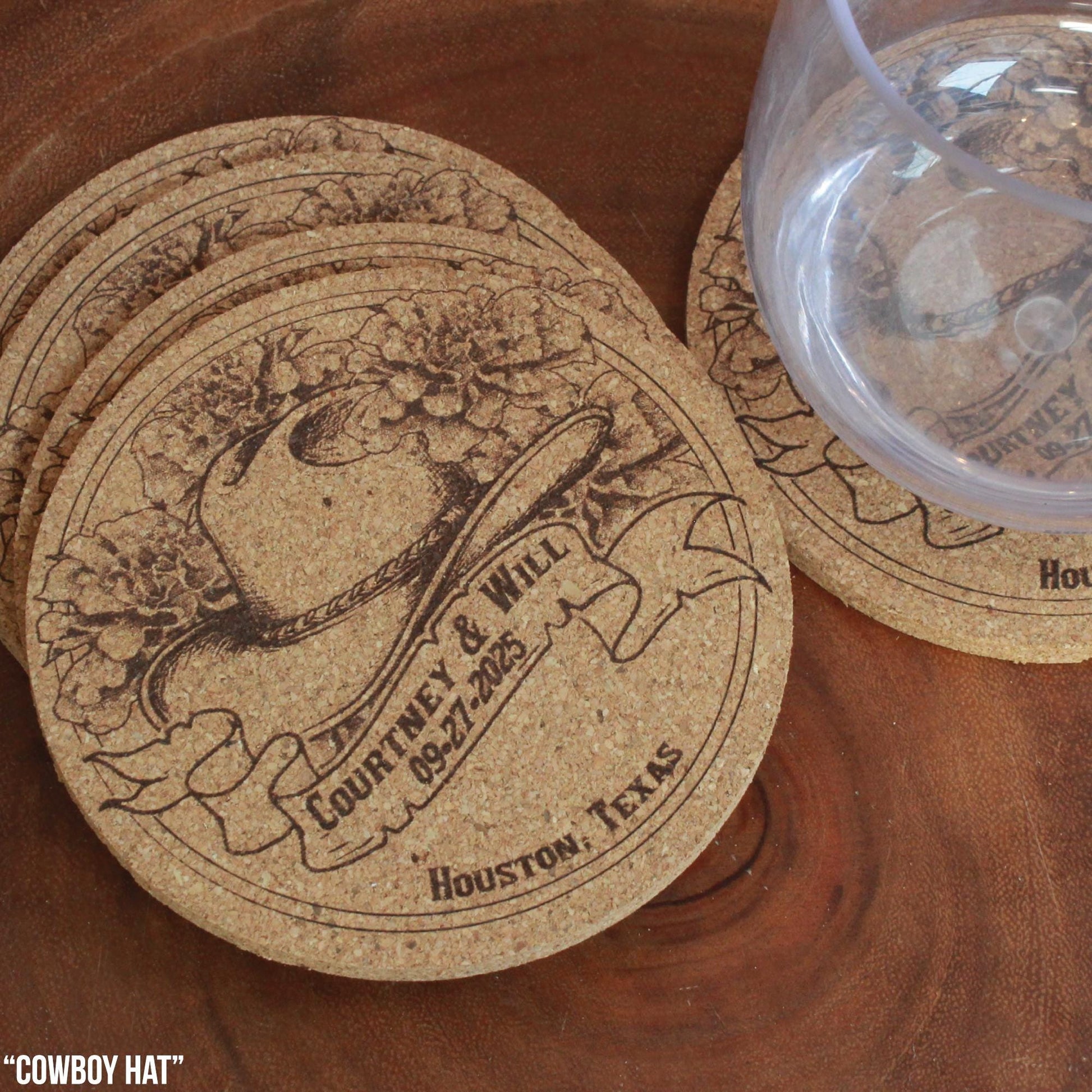 Country Western Wedding Coasters - Custom Cork Coasters with Cowboy Hat Design Rustic Barn Theme Gift - Arbo Engravings