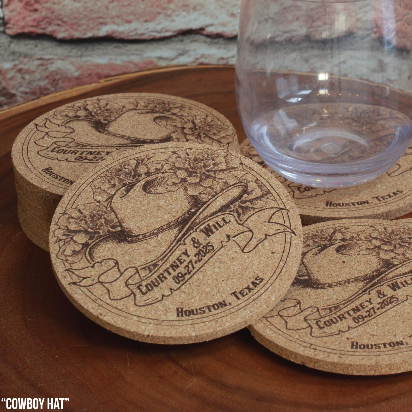 Country Western Wedding Coasters - Custom Cork Coasters with Cowboy Hat or Boots Design Rustic Barn Theme Gift - Arbo Engravings