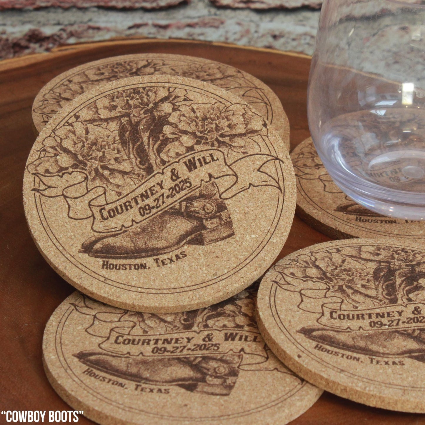 Country Western Wedding Coasters - Custom Cork Coasters with Cowboy Hat or Boots Design Rustic Barn Theme Gift - Arbo Engravings