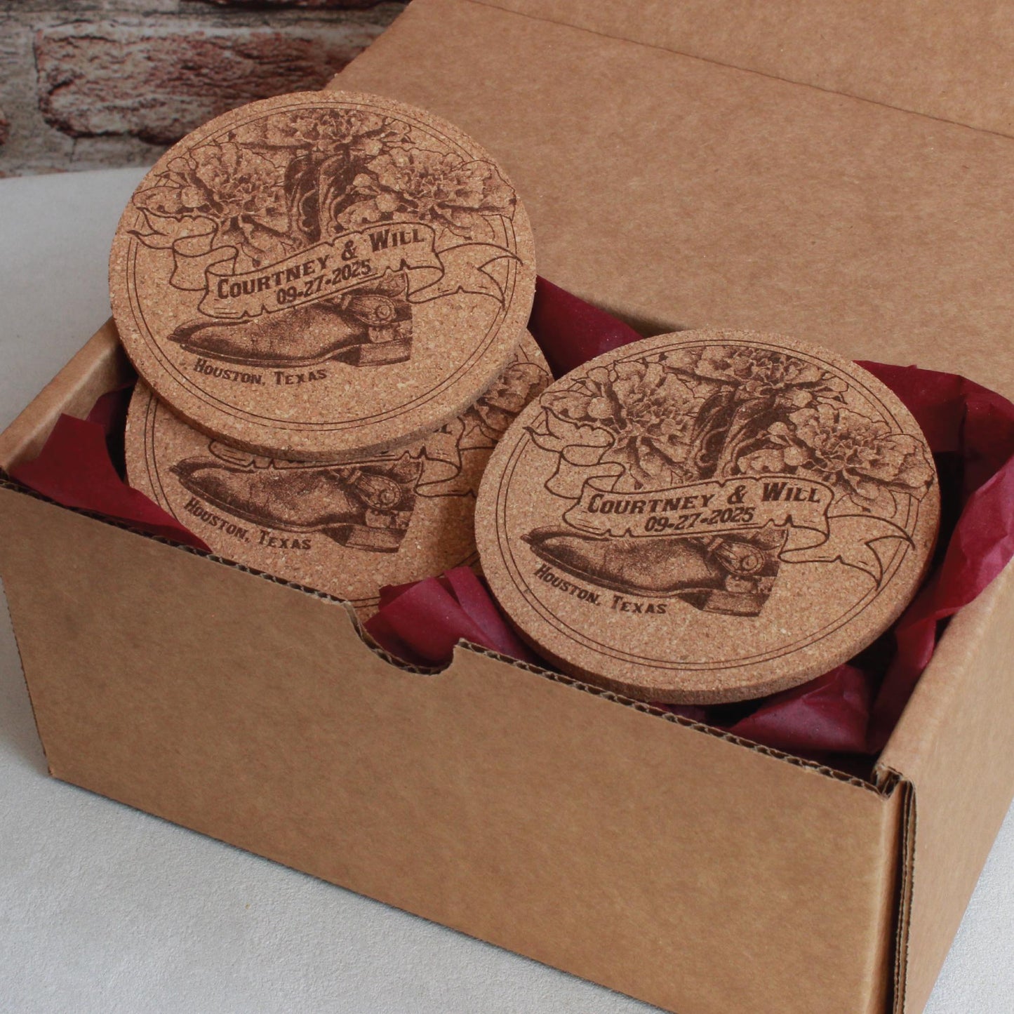 Country Western Wedding Coasters - Custom Cork Coasters with Cowboy Hat or Boots Design Rustic Barn Theme Gift - Arbo Engravings
