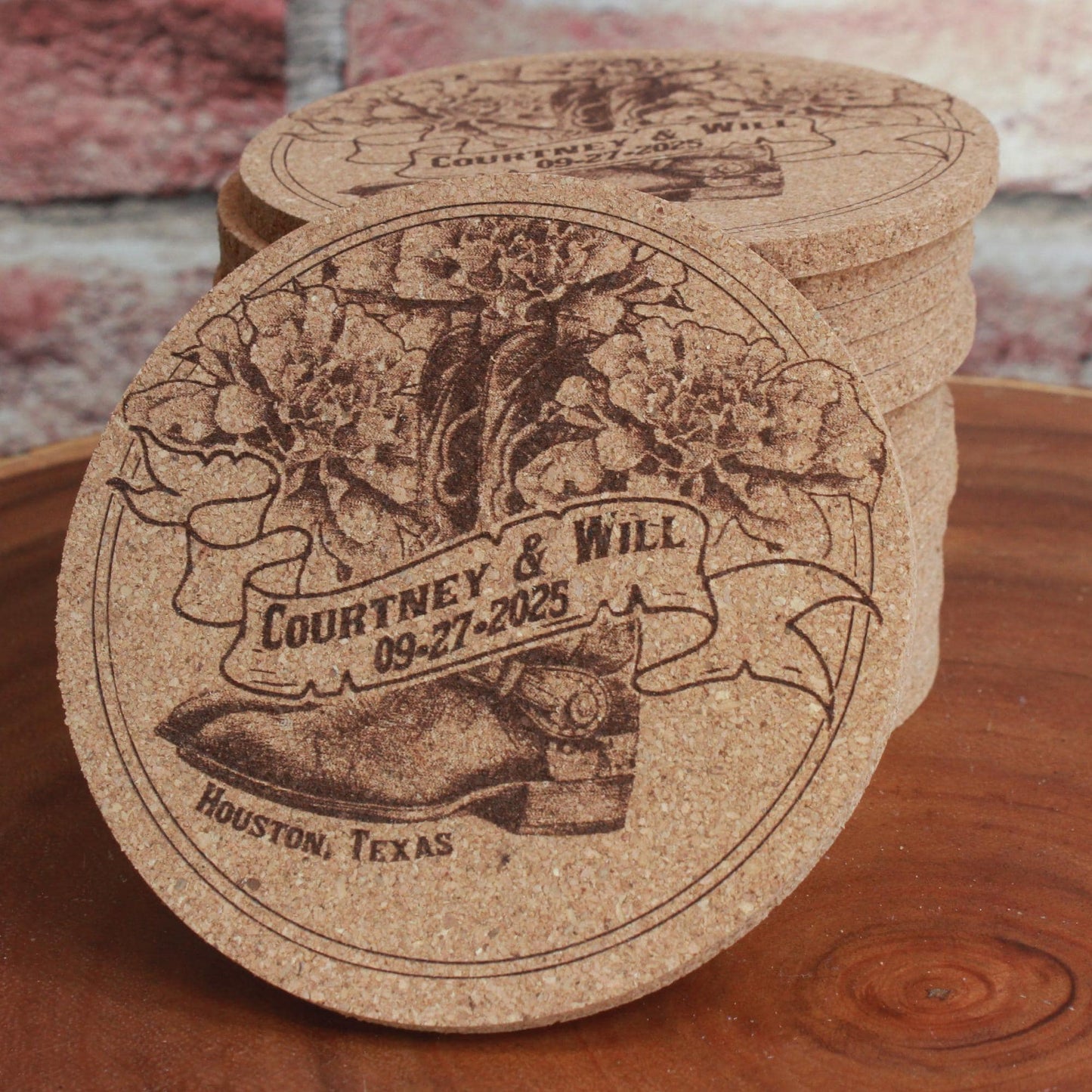 Country Western Wedding Coasters - Custom Cork Coasters with Cowboy Hat or Boots Design Rustic Barn Theme Gift - Arbo Engravings