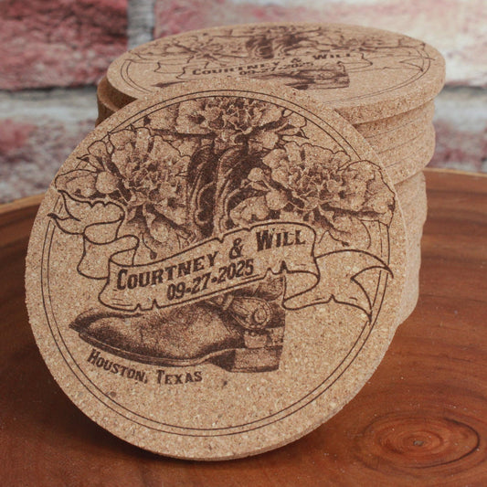 Country Western Wedding Coasters - Custom Cork Coasters with Cowboy Hat or Boots Design Rustic Barn Theme Gift - Arbo Engravings
