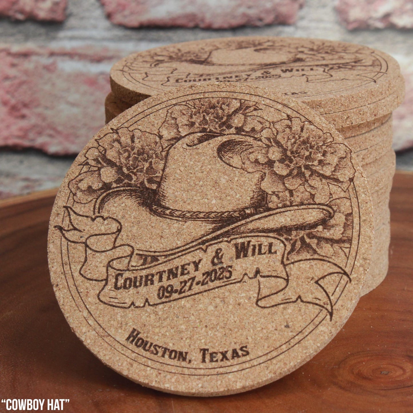 Country Western Wedding Coasters - Custom Cork Coasters with Cowboy Hat Design Rustic Barn Theme Gift - Arbo Engravings