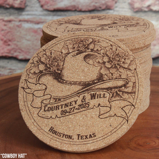 Country Western Wedding Coasters - Custom Cork Coasters with Cowboy Hat Design Rustic Barn Theme Gift - Arbo Engravings