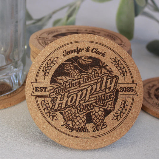 Hops Brewery Wedding Coasters Custom Engraved - "Hoppily Every After" - Rustic Cork Wedding Favors Extra Thick Round Design - Arbo Engravings