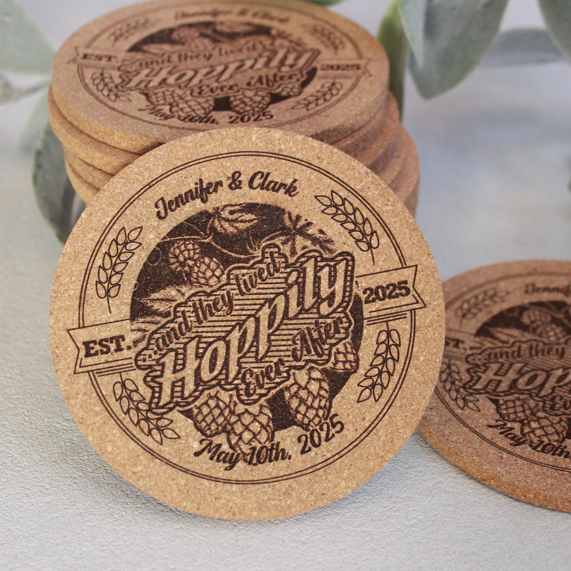 Custom Engraved Hops Coasters - Rustic Cork Wedding Favors Extra Thick Round Design - Arbo Engravings
