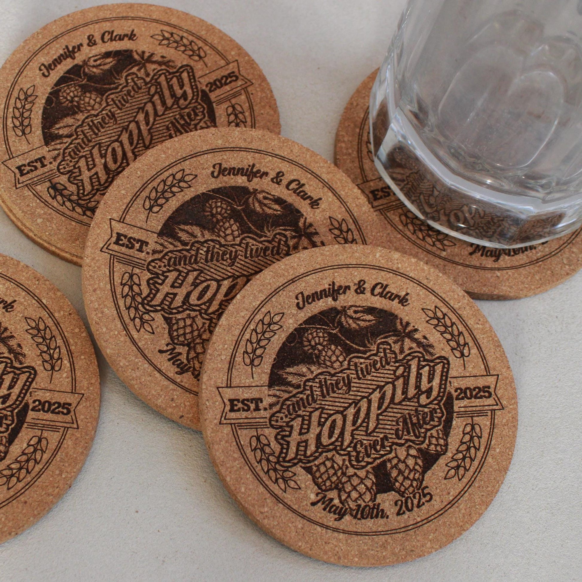 Custom Engraved Hops Coasters - Rustic Cork Wedding Favors Extra Thick Round Design - Arbo Engravings