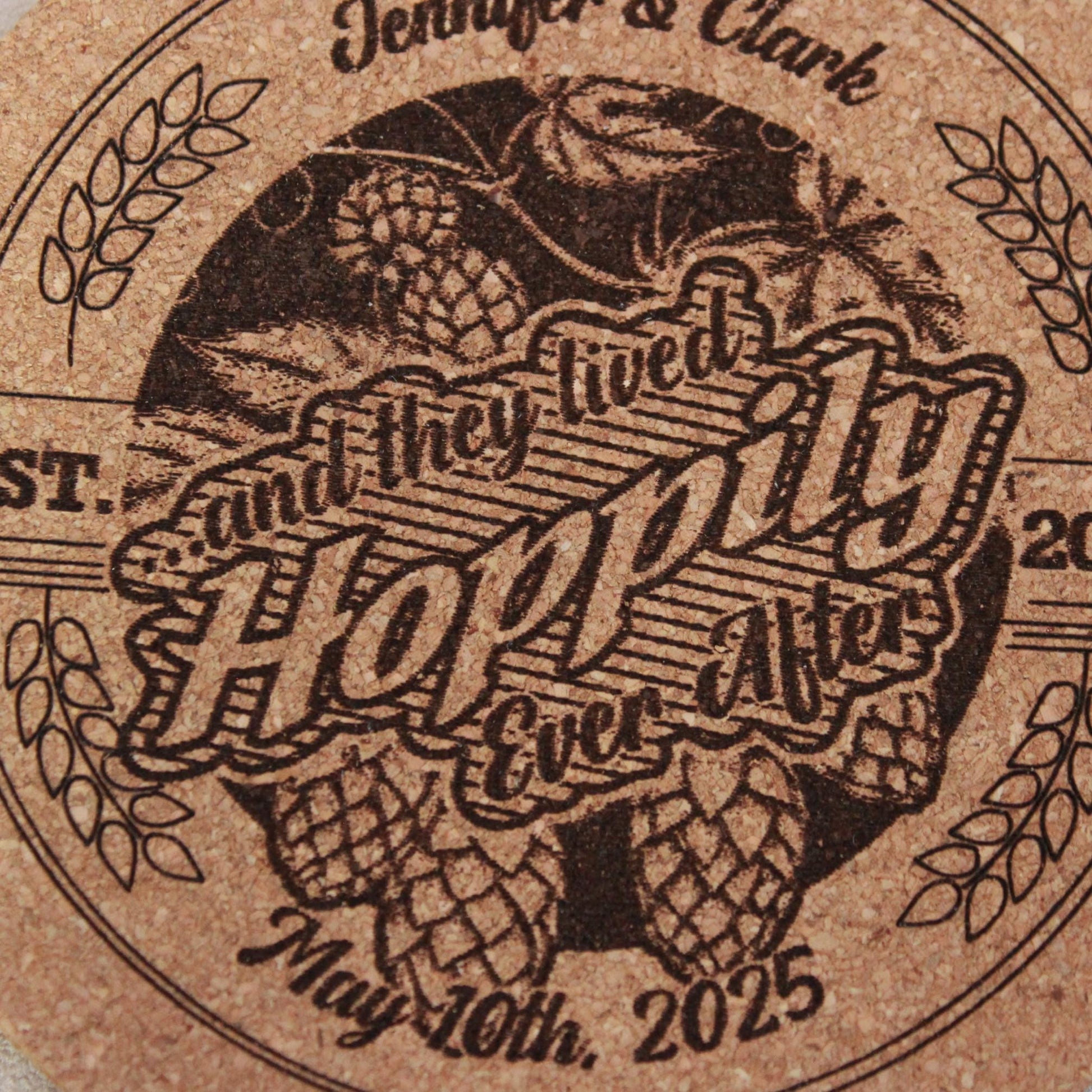 Hops Brewery Wedding Coasters Custom Engraved - "Hoppily Every After" - Rustic Cork Wedding Favors - Arbo Engravings