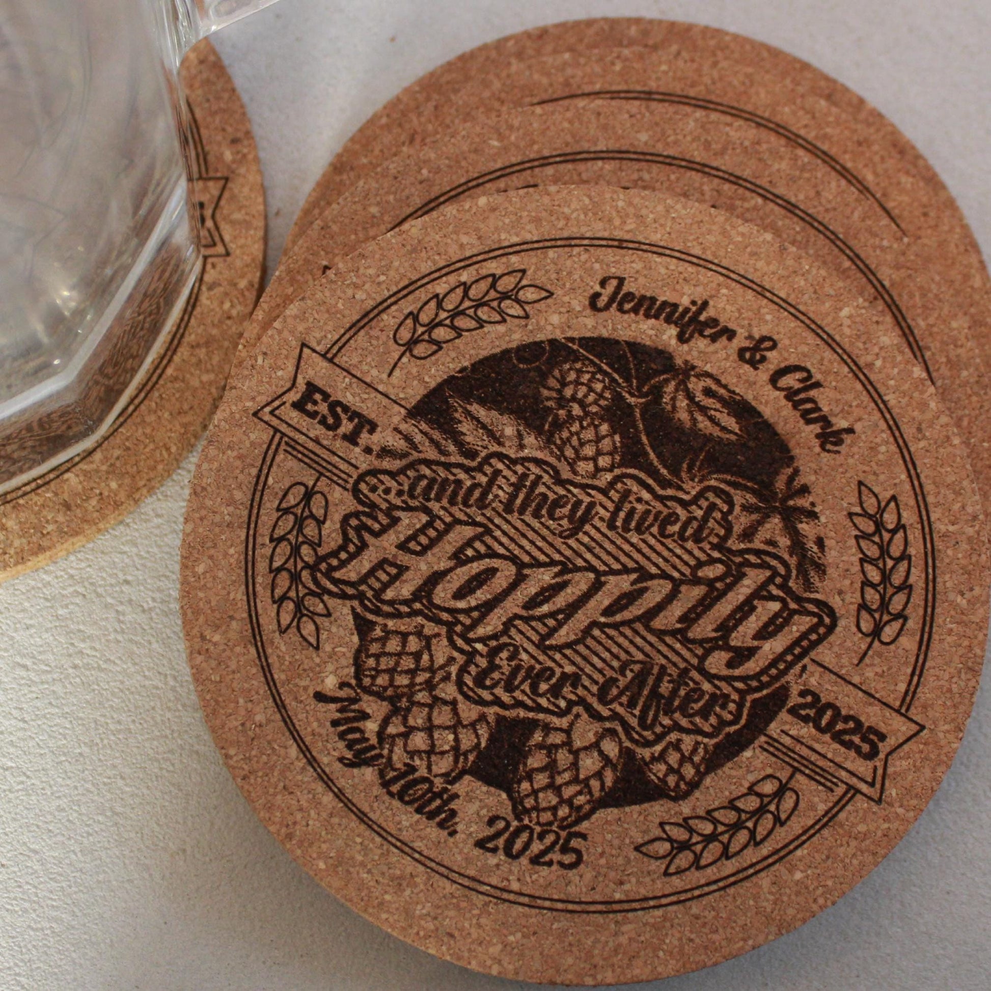 Custom Engraved Hops Coasters - Rustic Cork Wedding Favors Extra Thick Round Design - Arbo Engravings