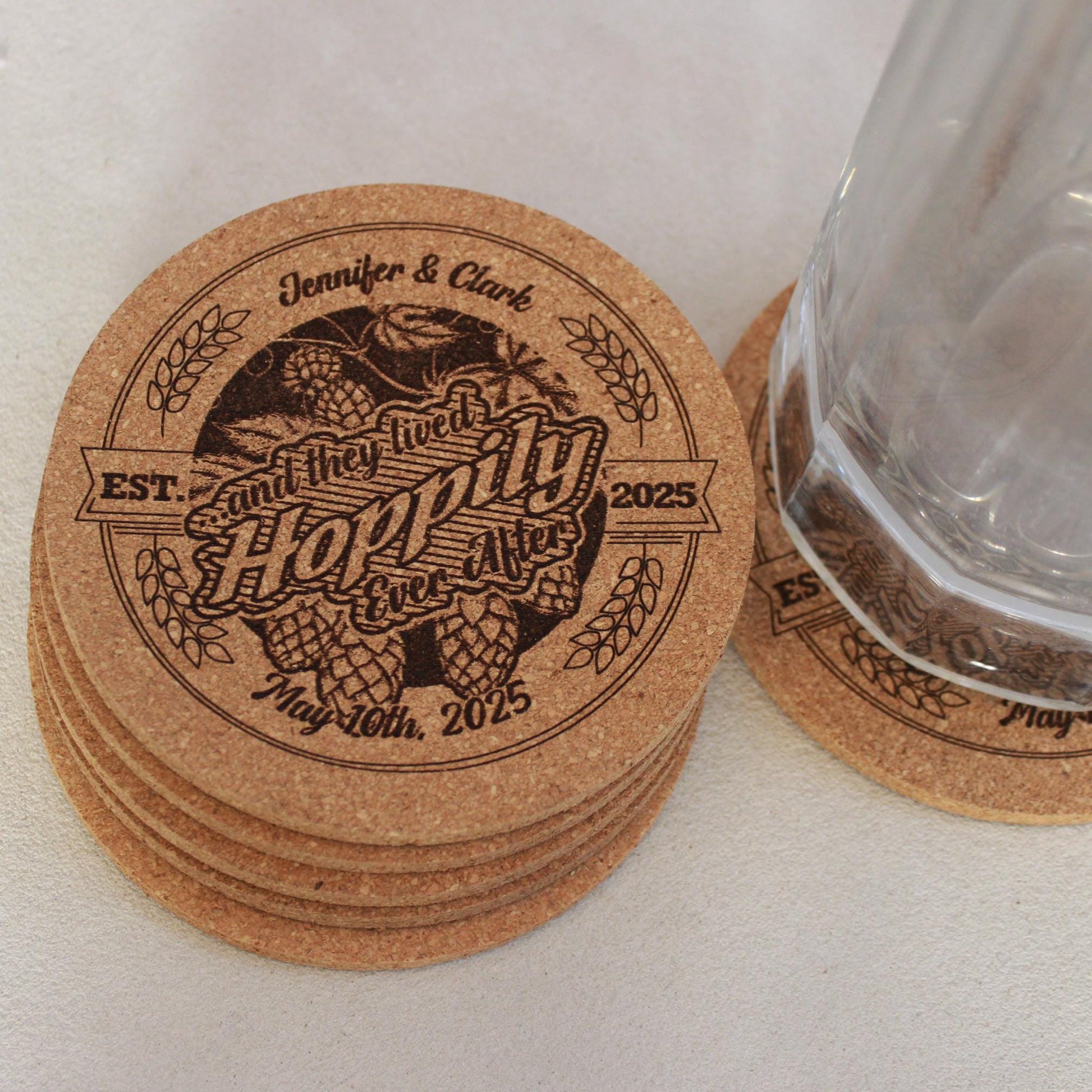 Custom Engraved Hops Coasters - Rustic Cork Wedding Favors Extra Thick Round Design - Arbo Engravings