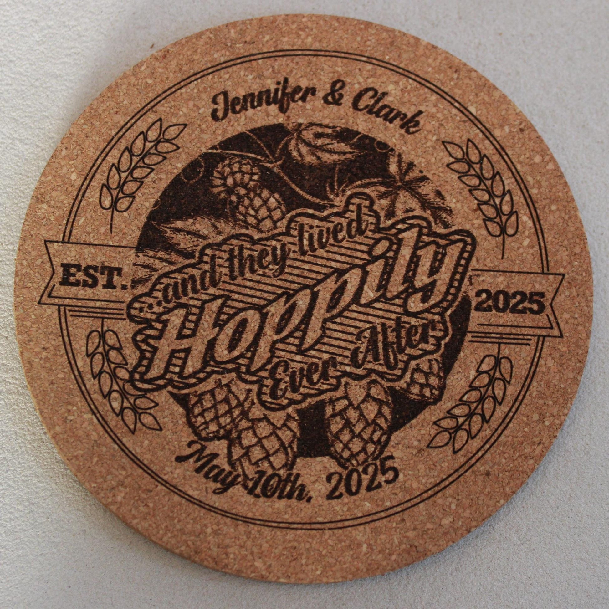 Custom Engraved Hops Coasters - Rustic Cork Wedding Favors Extra Thick Round Design - Arbo Engravings
