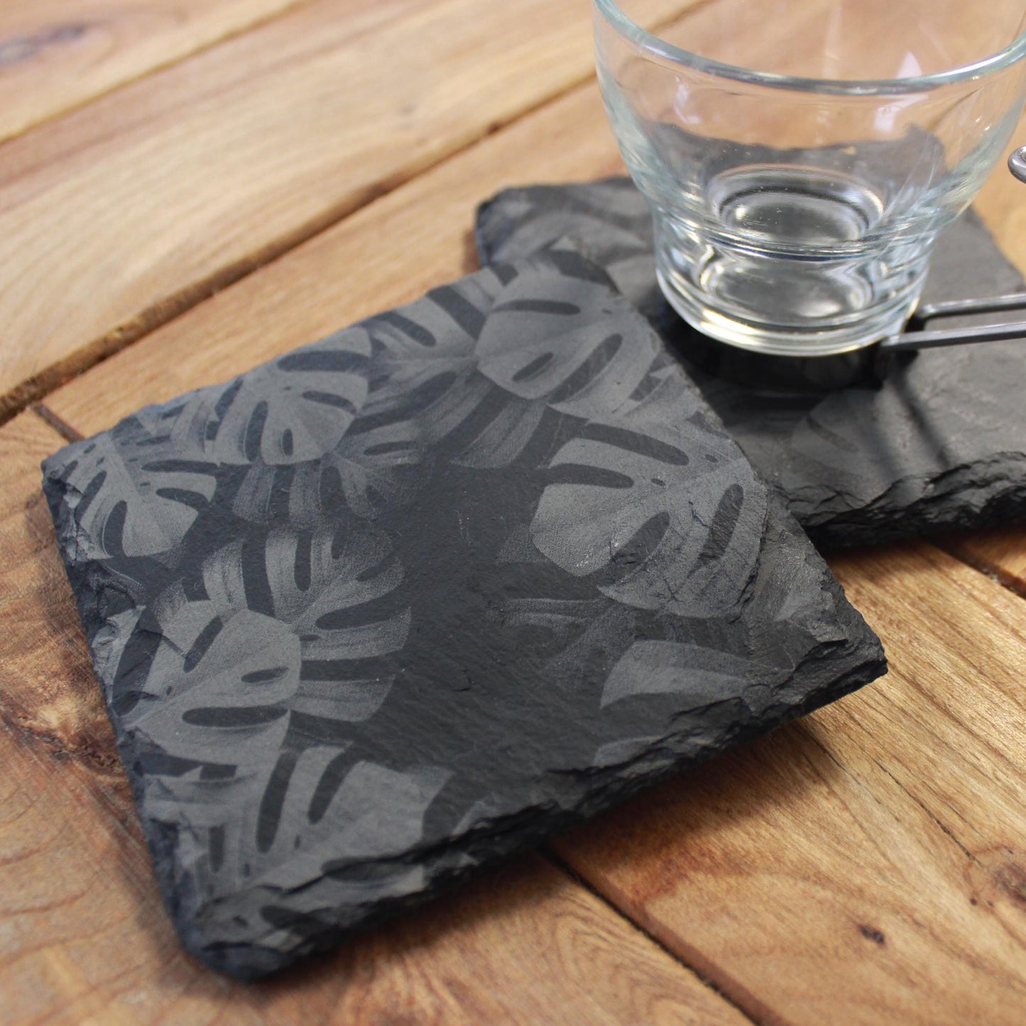 Monstera Leaves Slate Drink Coasters - Foliage Nature Decor - Arbo Engravings