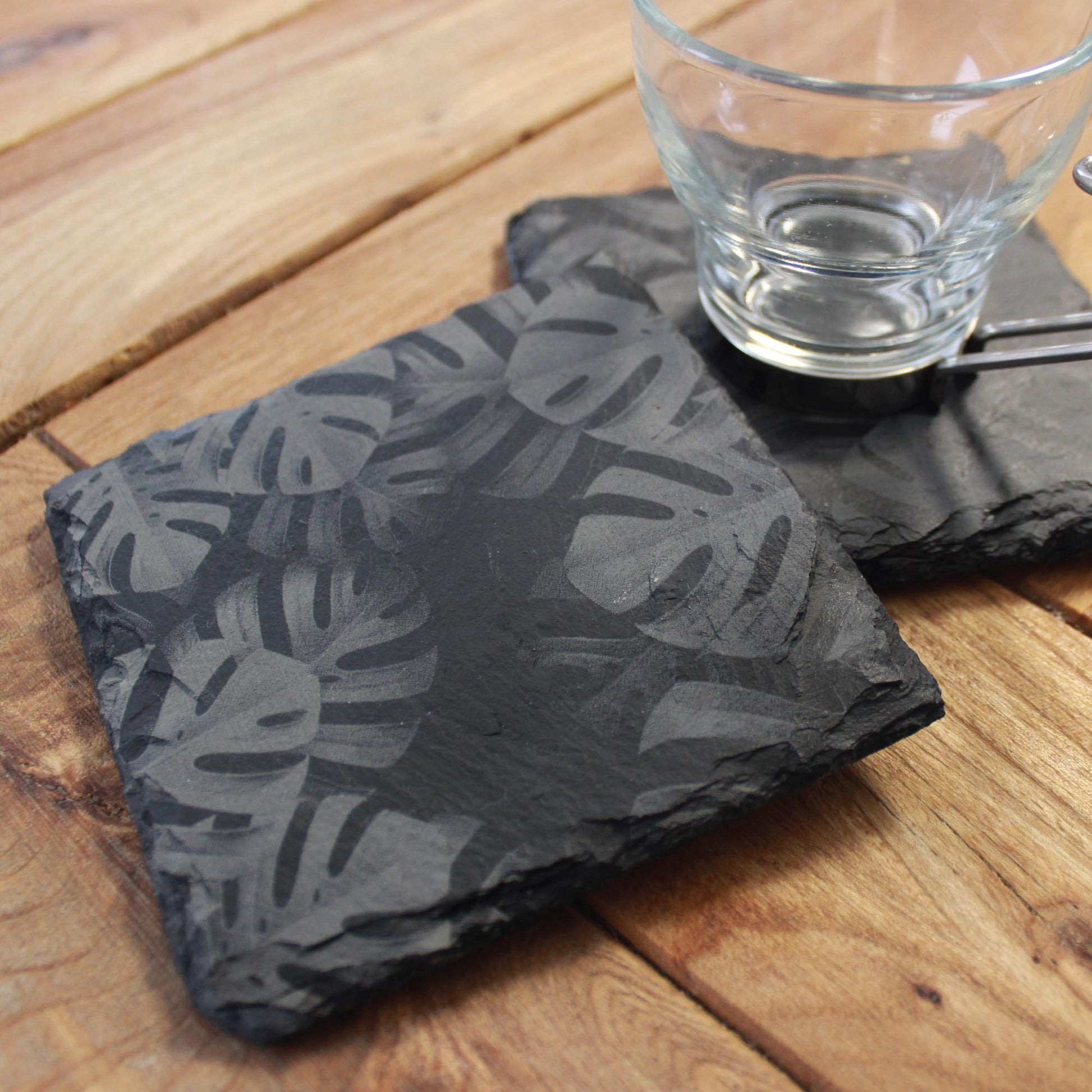 Monstera Leaves Slate Drink Coasters - Foliage Nature Decor - Arbo Engravings