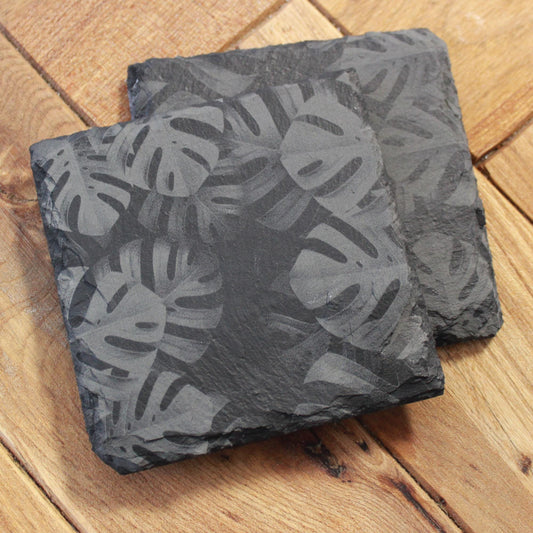Monstera Leaves Slate Drink Coasters - Foliage Nature Decor - Arbo Engravings