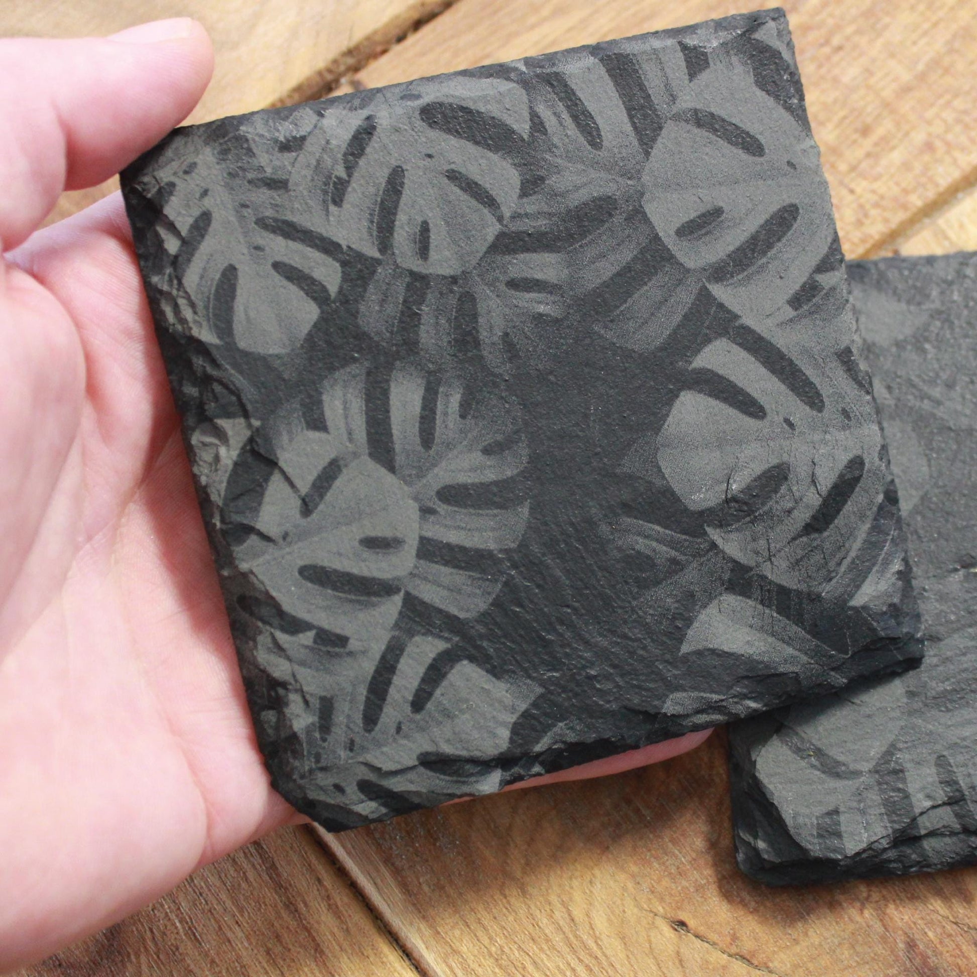 Monstera Leaves Slate Drink Coasters - Foliage Nature Decor - Arbo Engravings