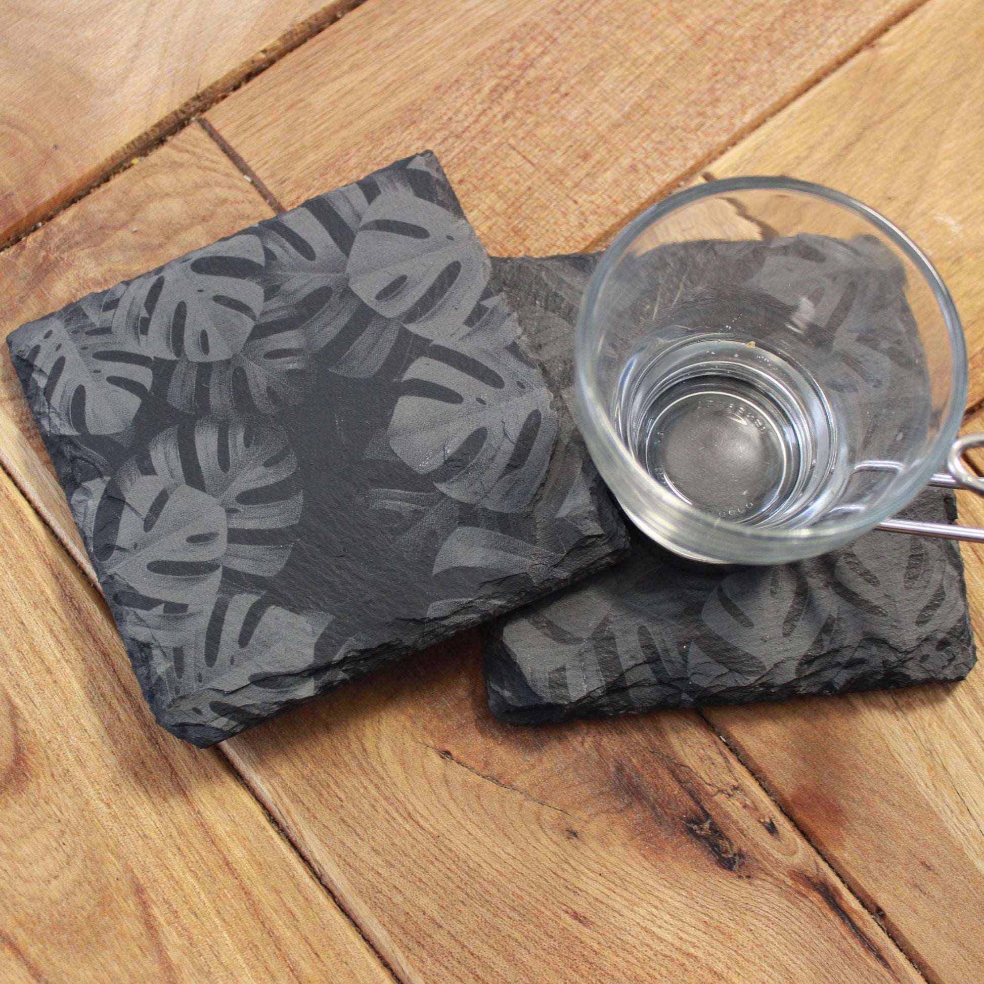 Monstera Leaves Slate Drink Coasters - Foliage Nature Decor - Arbo Engravings