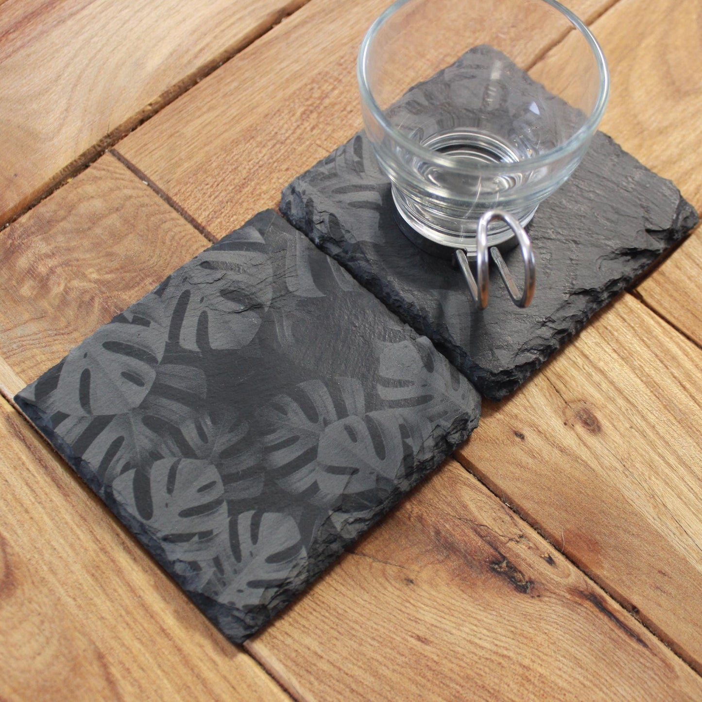 Monstera Leaves Slate Drink Coasters - Foliage Nature Decor - Arbo Engravings