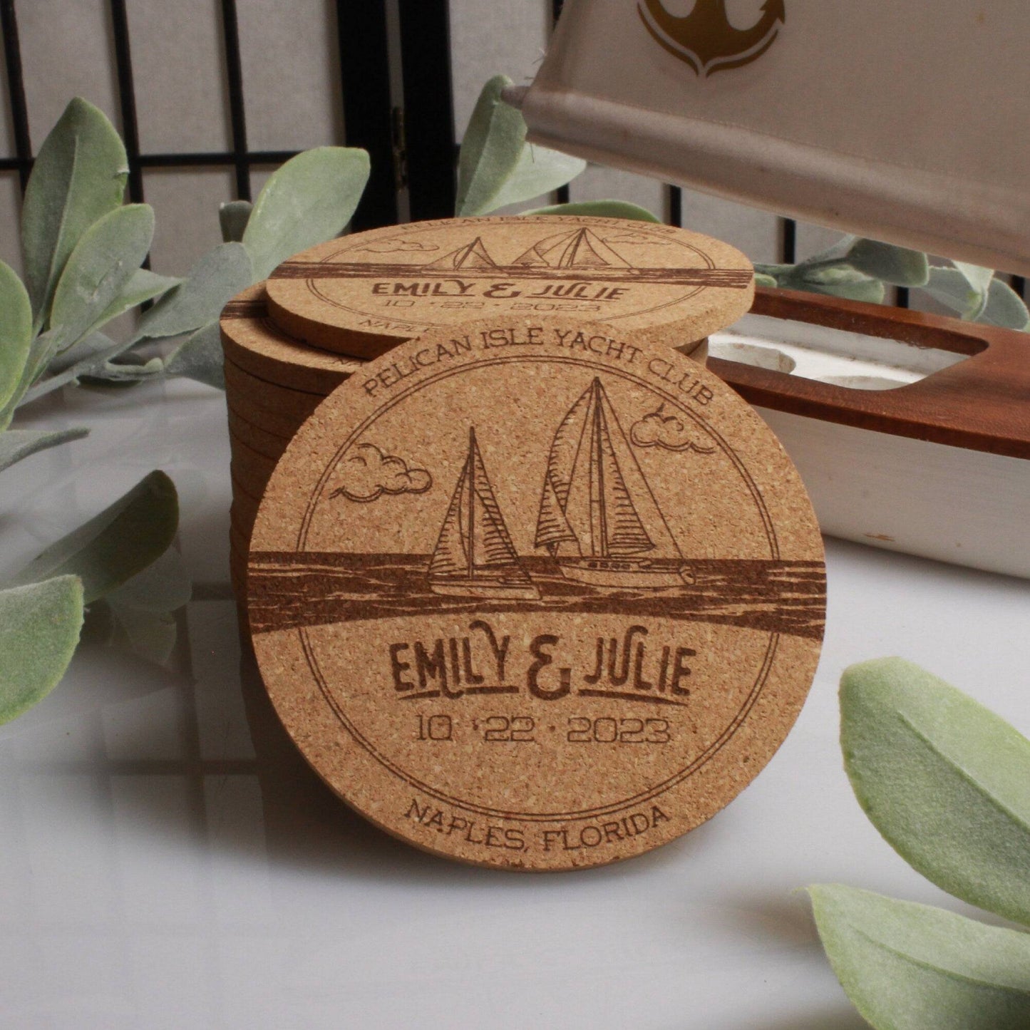 Nautical Sailboat Custom Wedding Coasters - Arbo Engravings