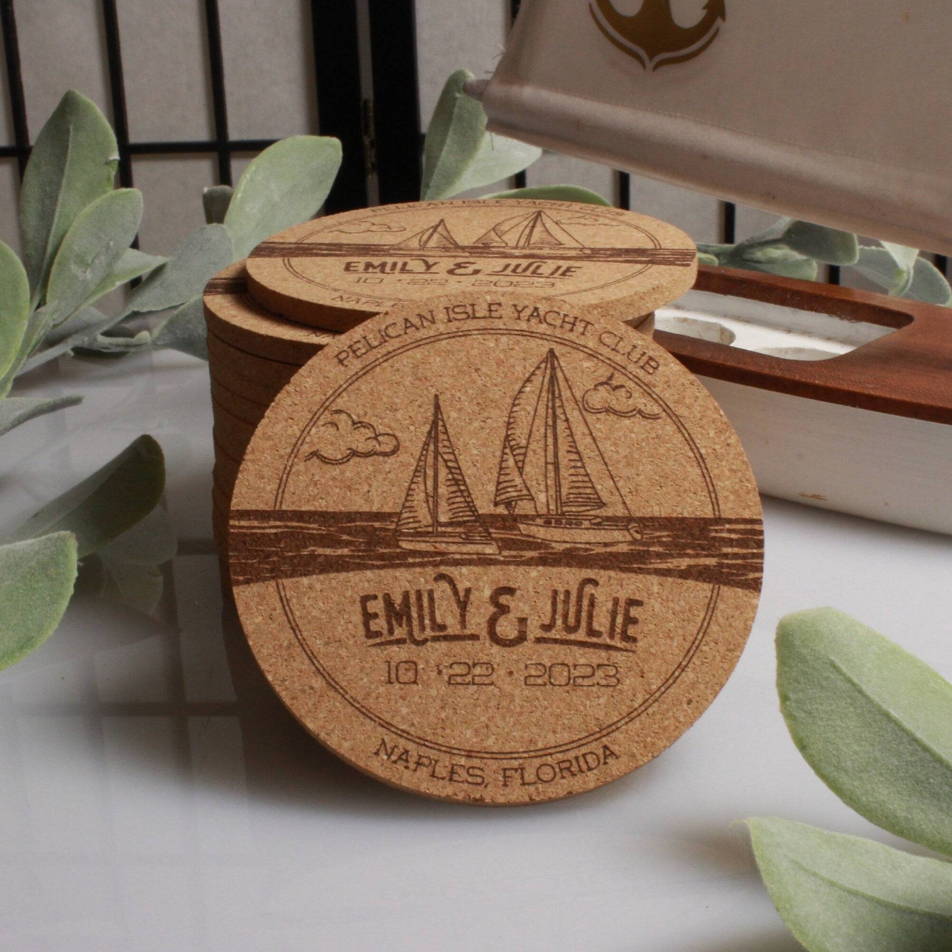 Nautical Sailboat Custom Wedding Coasters - Arbo Engravings