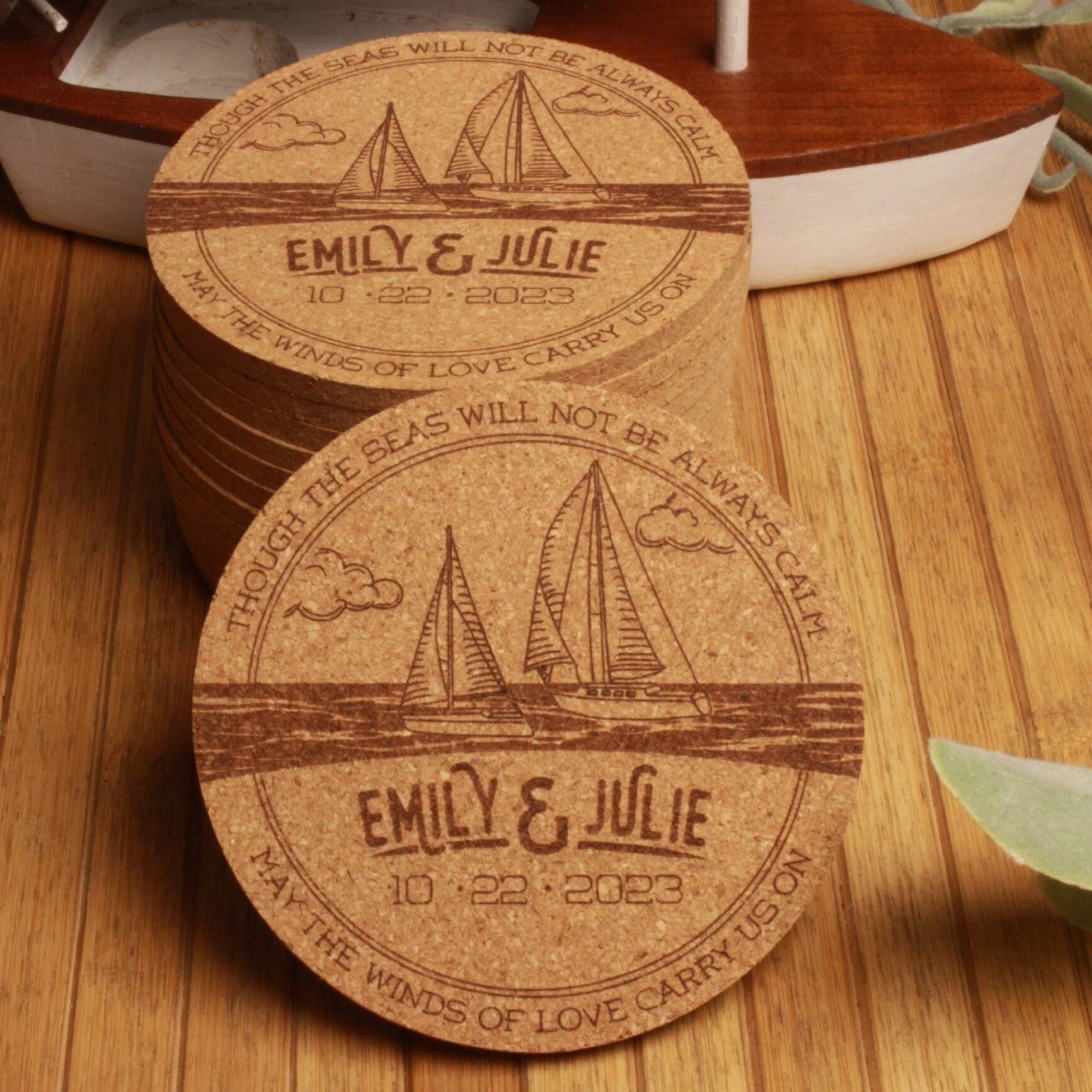 Nautical Sailboat Custom Wedding Coasters - Arbo Engravings