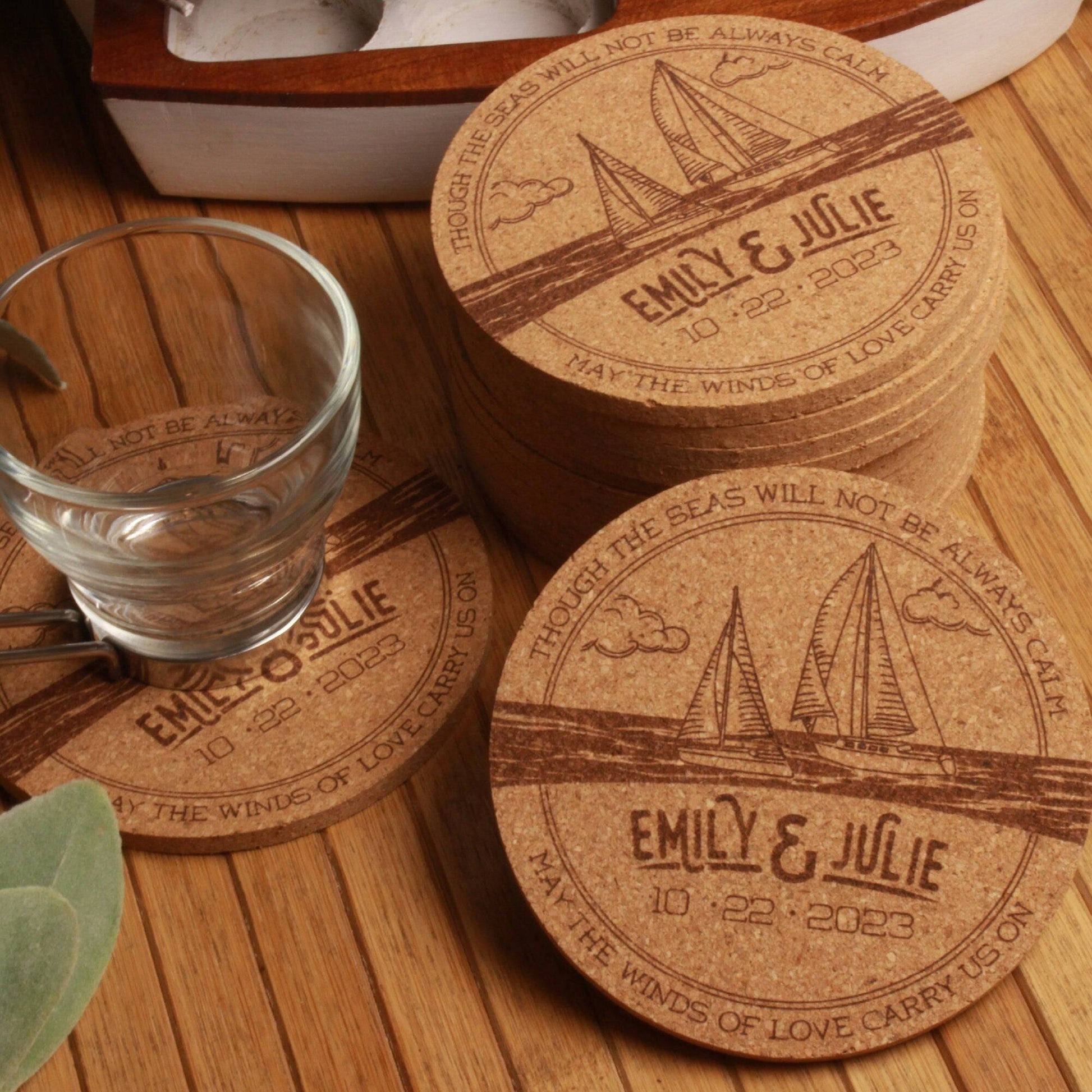 Nautical Sailboat Custom Wedding Coasters - Arbo Engravings