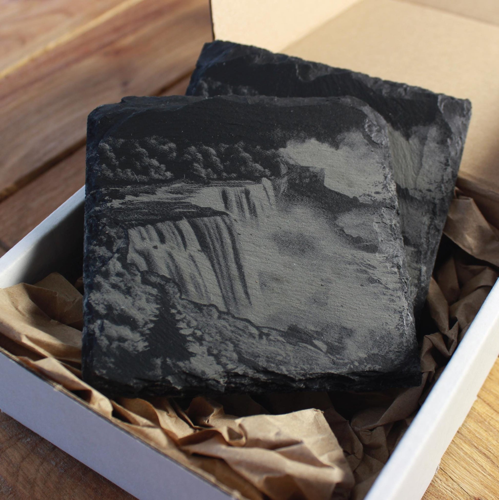 Niagara Falls Slate Coasters - Misty Waterfall - Engraved Slate - Arbo Engravings