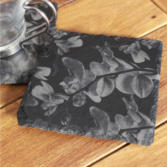 Orchid Flowers Slate Drink Coasters - Floral Nature Deco - Arbo Engravings
