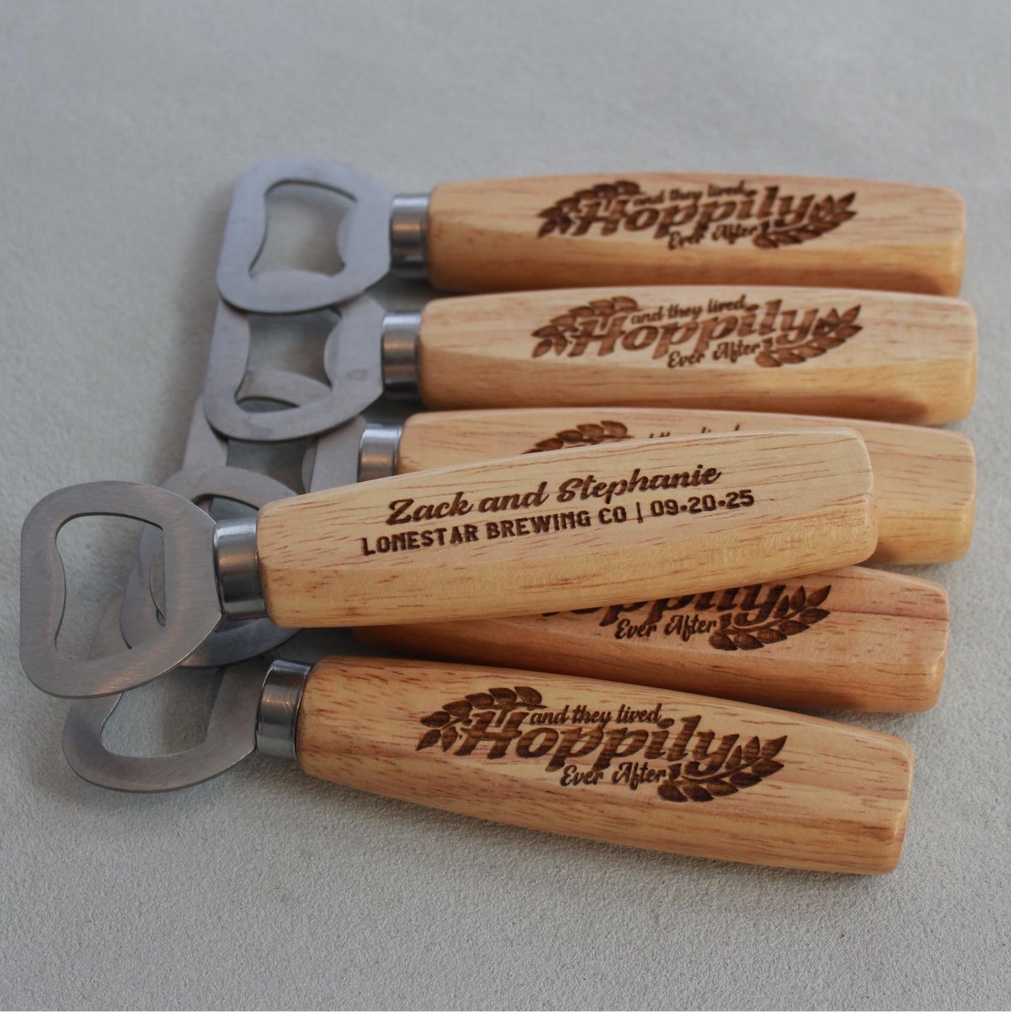 Personalized HOPPILY EVER AFTER Bottle Openers for Brewery - Theme Wedding - Customized Gifts for Brewery Wedding Celebrations - Arbo Engravings