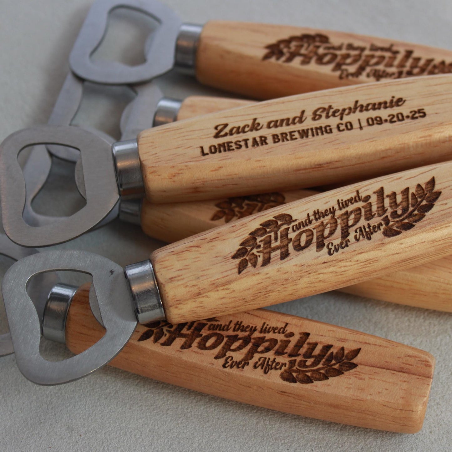 Personalized HOPPILY EVER AFTER Bottle Openers for Brewery - Theme Wedding - Customized Gifts for Brewery Wedding Celebrations - Arbo Engravings