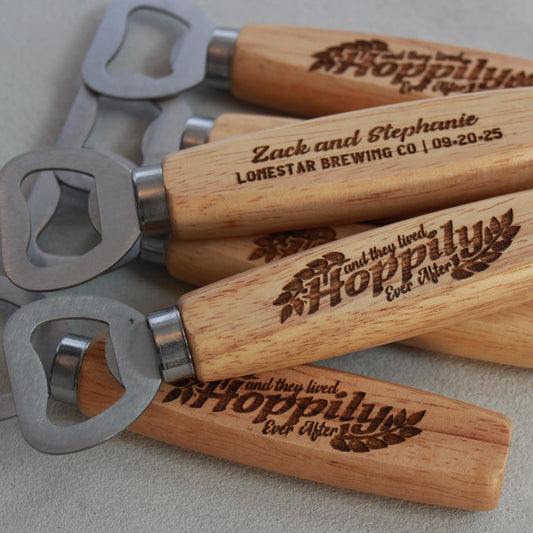 Personalized HOPPILY EVER AFTER Bottle Openers for Brewery - Theme Wedding - Customized Gifts for Brewery Wedding Celebrations - Arbo Engravings
