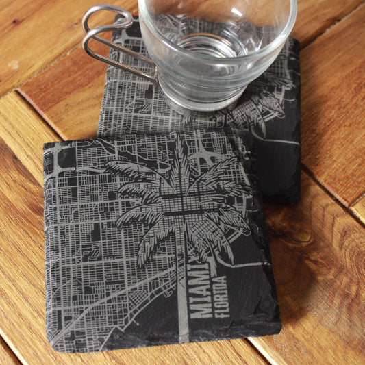 Slate Miami Street Map Palm Tree Drink Coaster - Arbo Engravings