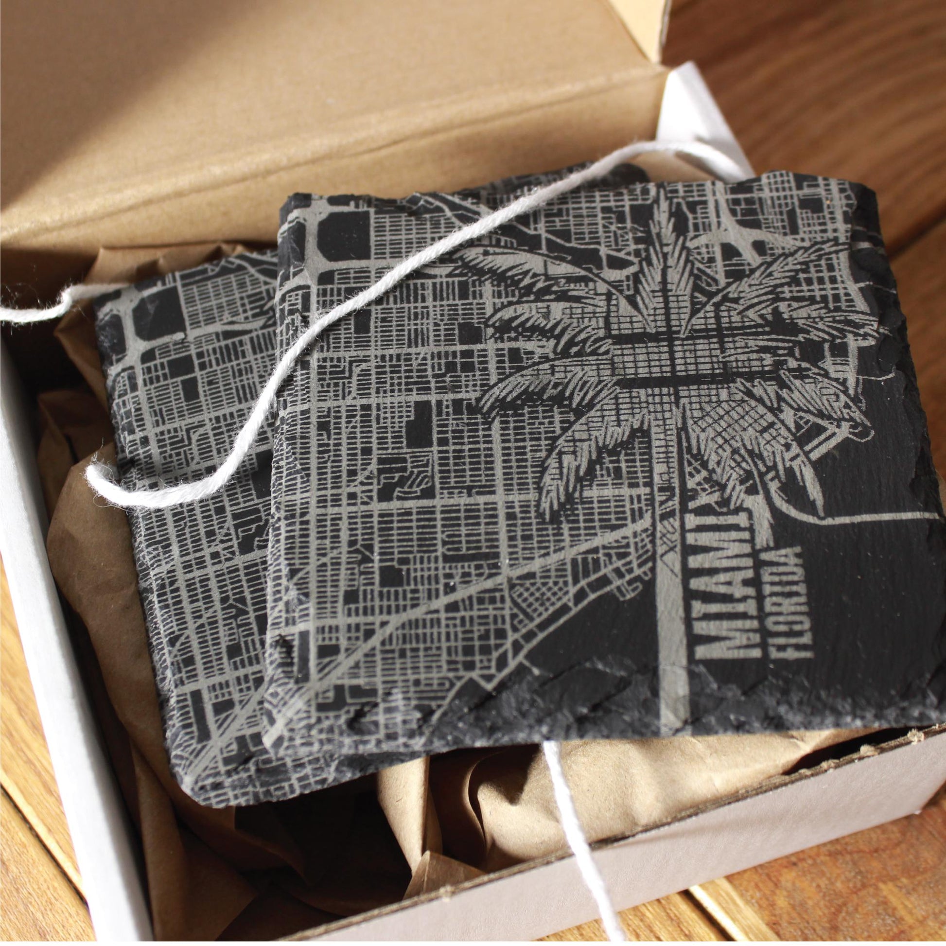 Slate Miami Street Map Palm Tree Drink Coaster - Arbo Engravings