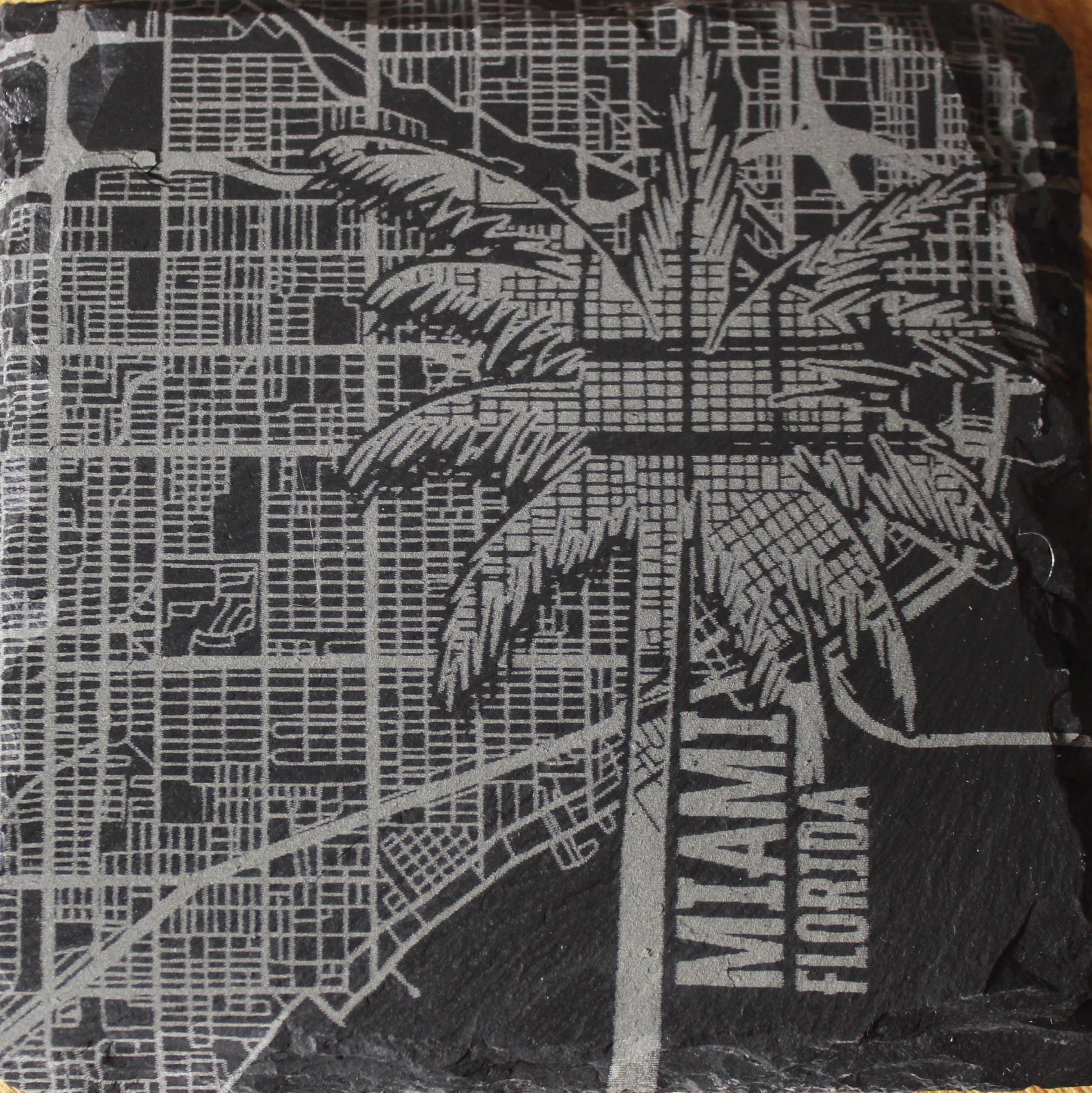Slate Miami Street Map Palm Tree Drink Coaster - Arbo Engravings