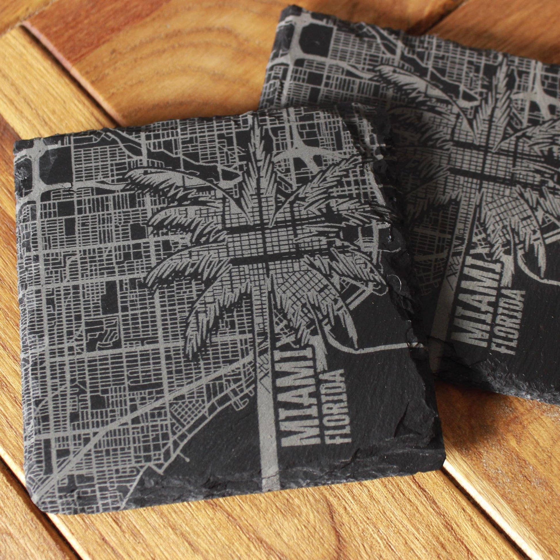 Slate Miami Street Map Palm Tree Drink Coaster - Arbo Engravings
