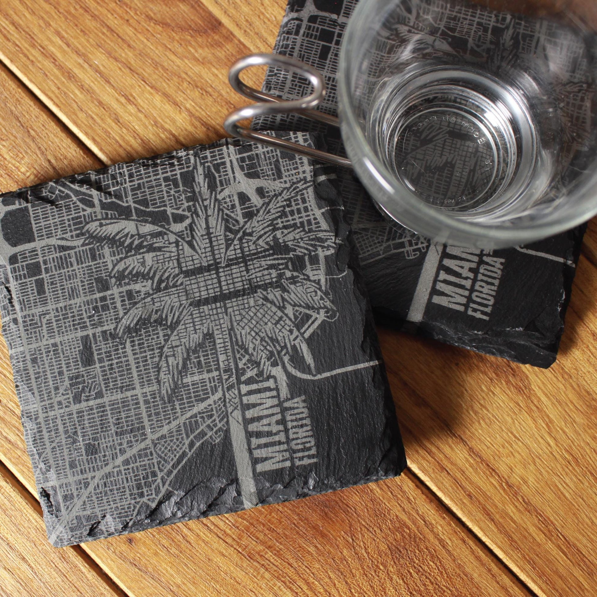 Slate Miami Street Map Palm Tree Drink Coaster - Arbo Engravings