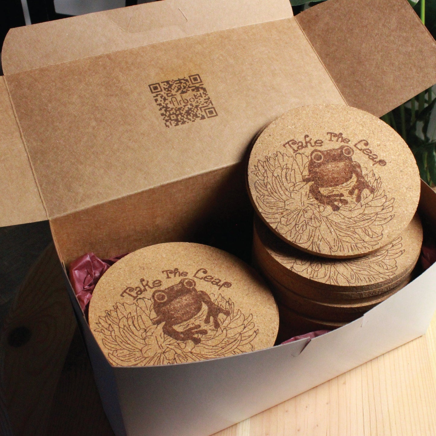 Take The Leap - Frog & Lily Cork Drink Coasters - Grad Gift - Arbo Engravings